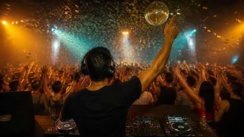 Fiesta con el DJ en cabina y los invitados bailando
