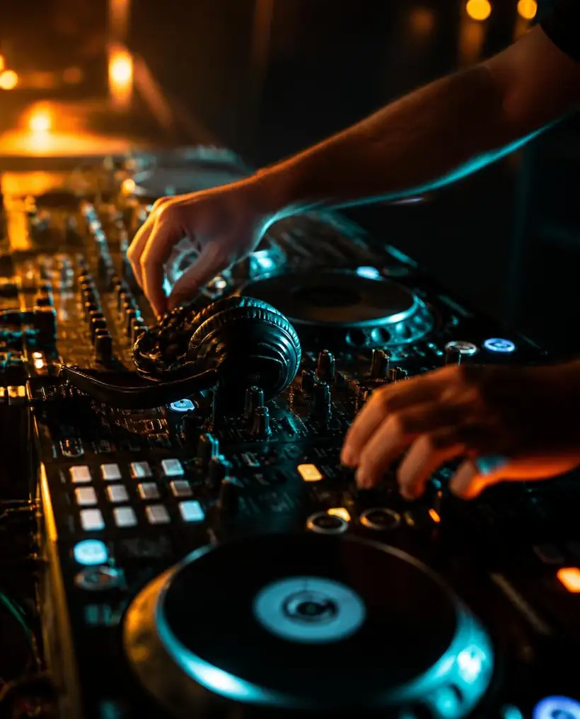 Manos de DJ en la consola con luces de colores