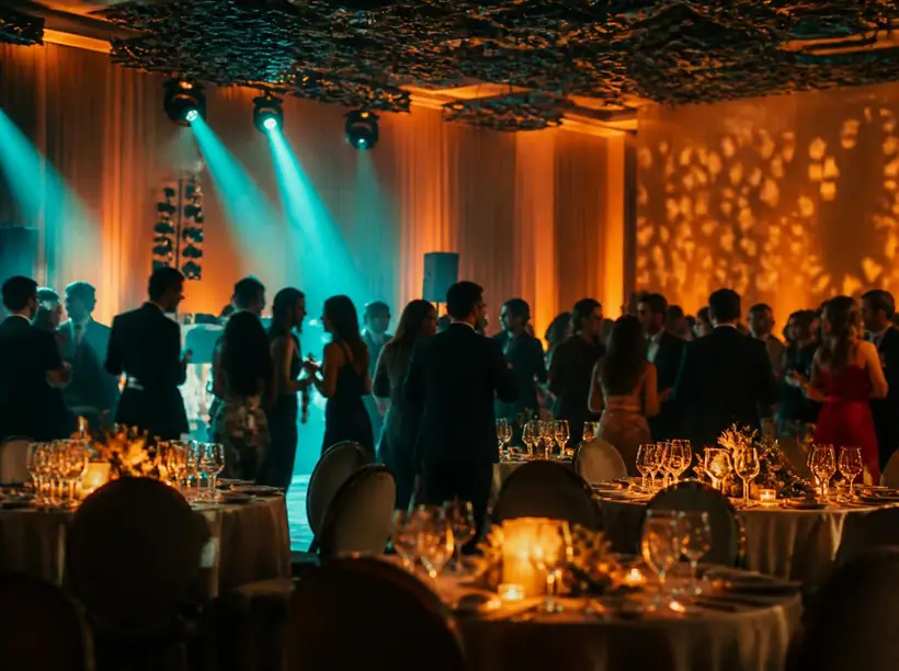 Fiesta de empresa con luces y gente bailando